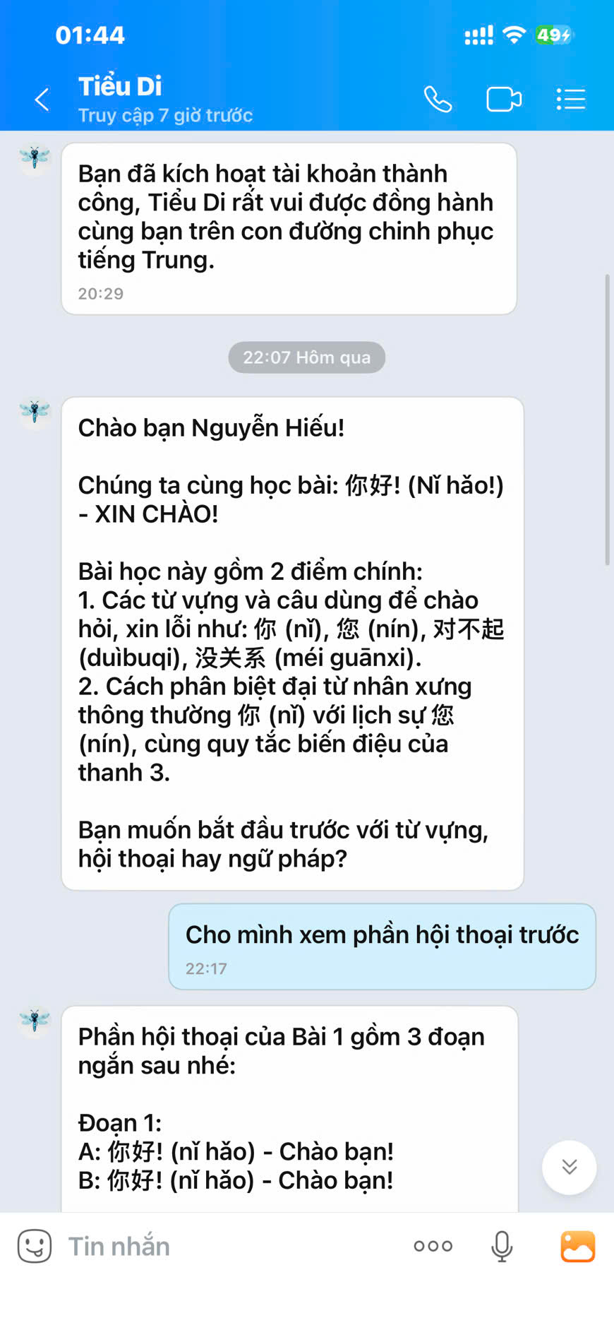 Hội thoại Zalo trong đó Bot Tiểu Di hướng dẫn người học ôn Bài 1