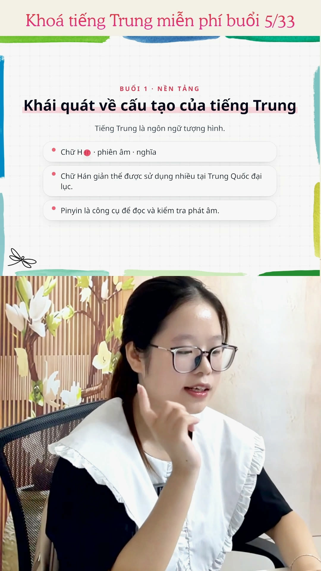 Cô giáo đang dạy buổi 5 trong khóa tiếng Trung miễn phí 33 buổi